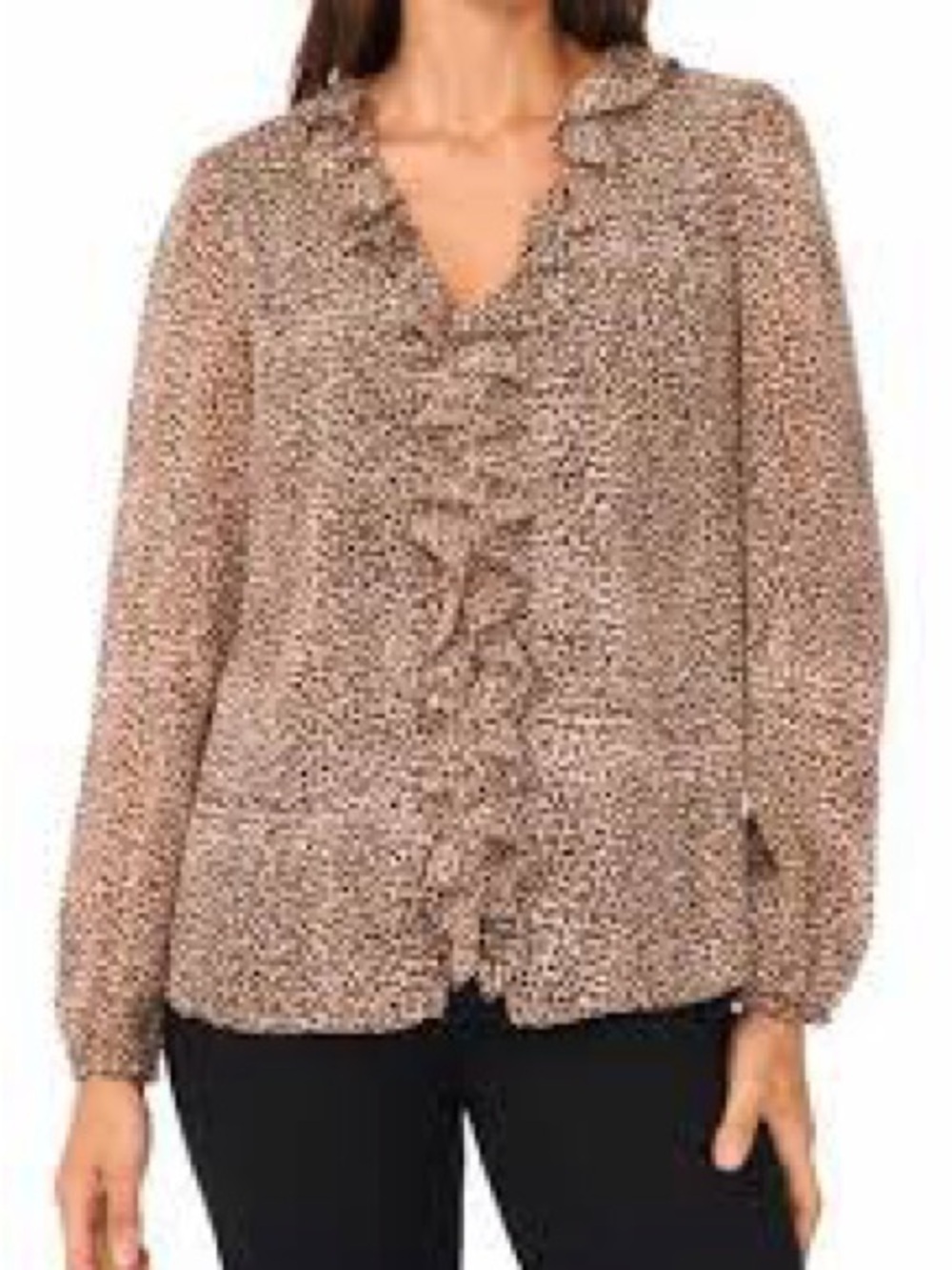 CeCe Ruffle Front Leopard Print Blouse - Brown L NWOT